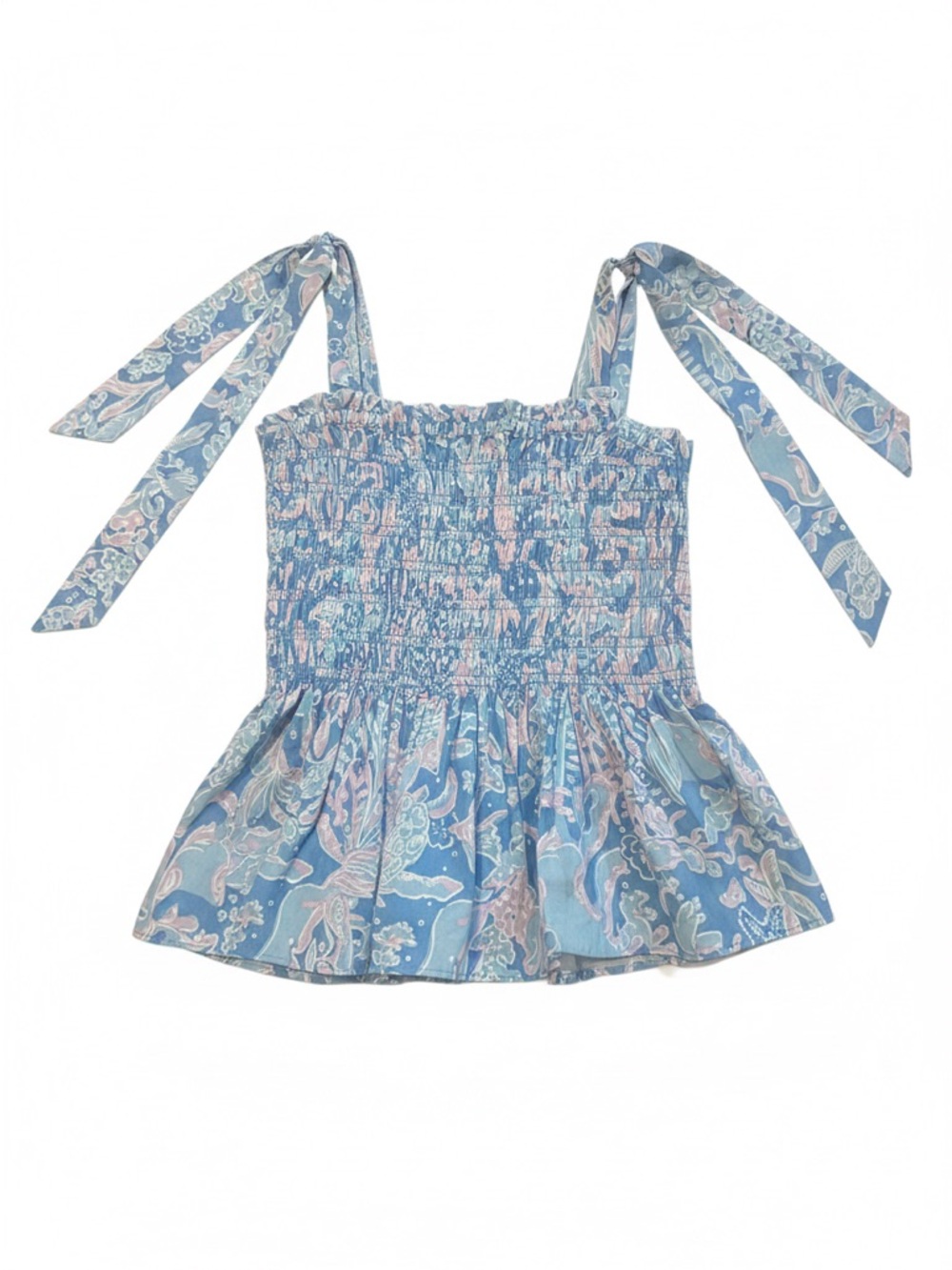 Lilly Pulitzer Blue and Pink Smocked Tie Top XS NWOT